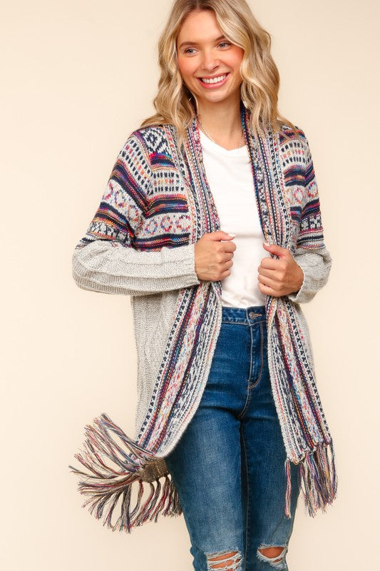 TRIBAL SHAWL CARDIGAN WITH FRINGE TASSLE