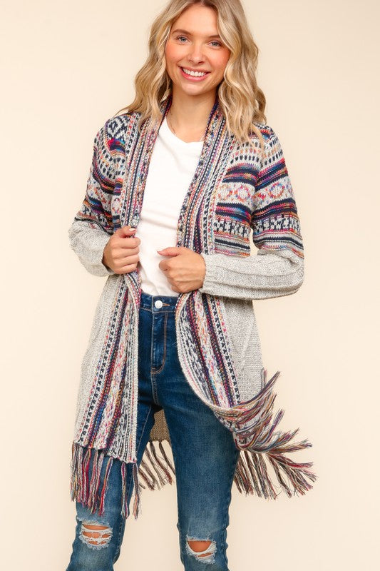 TRIBAL SHAWL CARDIGAN WITH FRINGE TASSLE