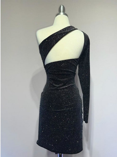 Black Sequin One Sleeve Dress-Market Grey Boutique