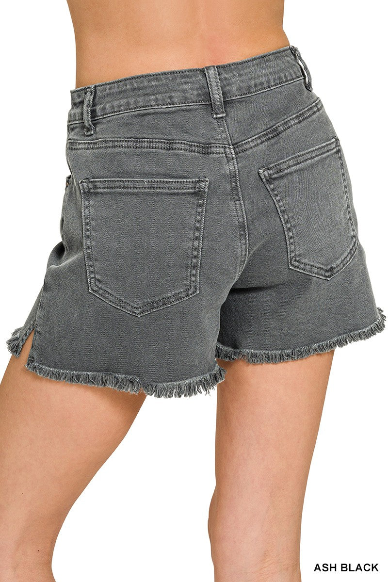 Ash Black Acid Washed Frayed Cutoff Shorts
