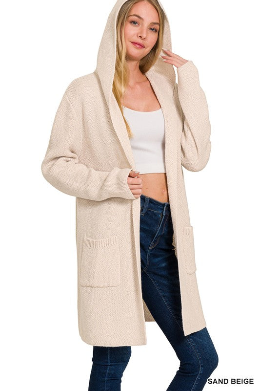 Sand Beige Hooded Open Front Sweater Cardigan