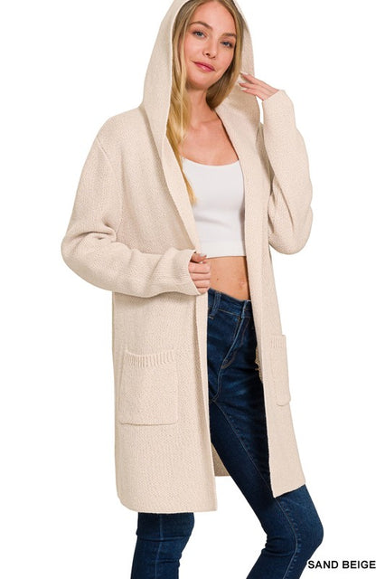 Sand Beige Hooded Open Front Sweater Cardigan