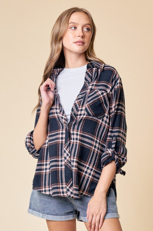 PLAID SHIRT WITH ROLL UP SLEEVE DETAIL