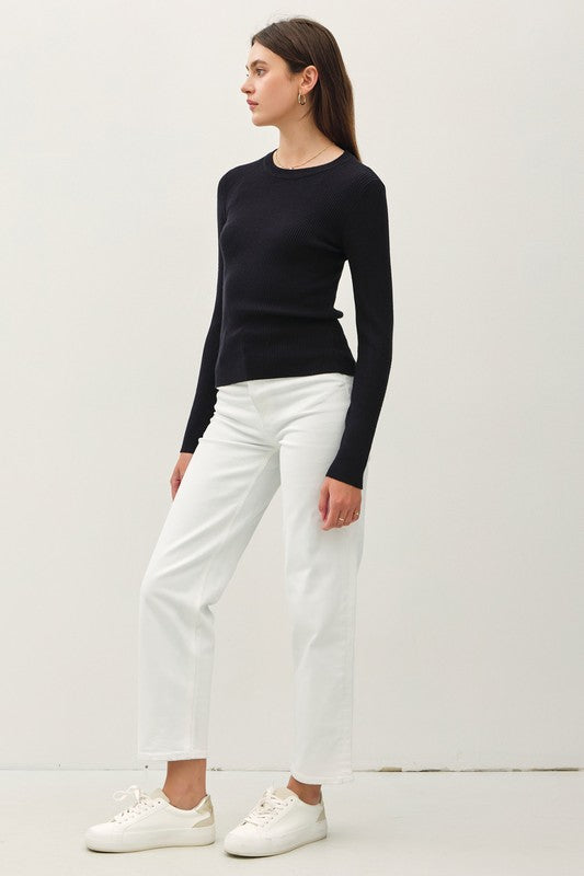 CLASSIC CREWNECK LONG SLEEVE RIB SWEATER SOLID TOP