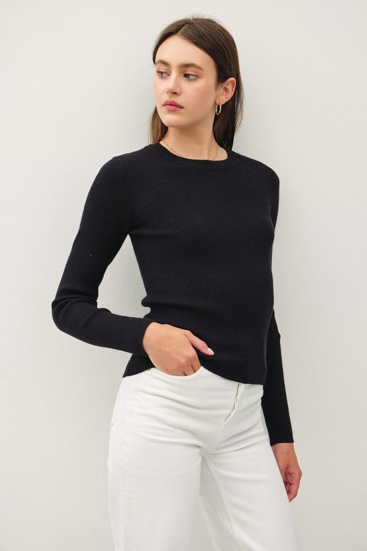 CLASSIC CREWNECK LONG SLEEVE RIB SWEATER SOLID TOP