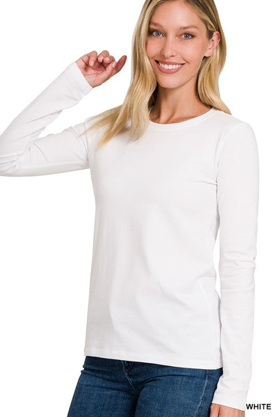 WHITE COTTON CREW NECK LONG SLEEVE T-SHIRT