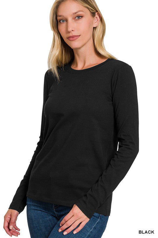 BLACK COTTON CREW NECK LONG SLEEVE T-SHIRT