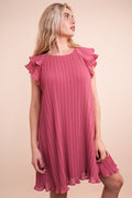 Mauve Ruffle Sleeve Pleated Mini Dress