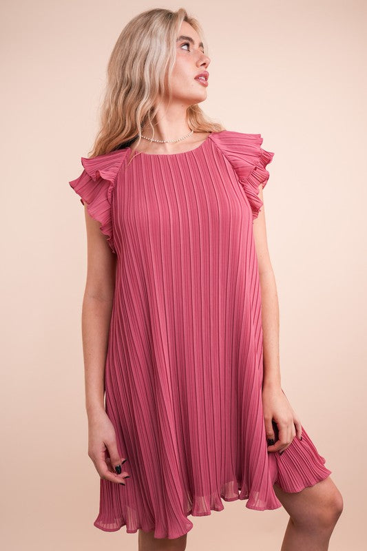 Mauve Ruffle Sleeve Pleated Mini Dress