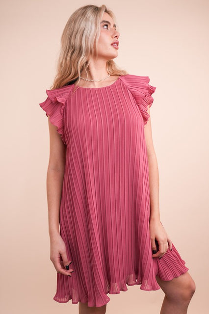 Mauve Ruffle Sleeve Pleated Woven Mini Dress