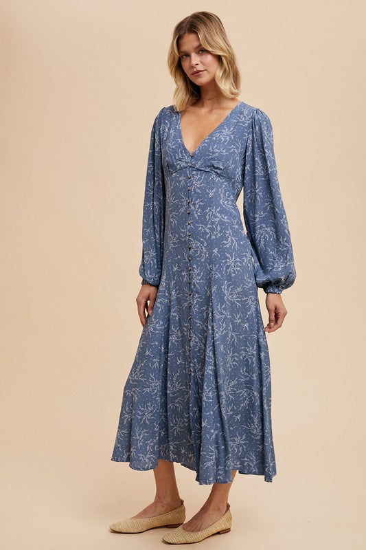 Dusky Blue Floral Fall Dress-Market Grey Boutique