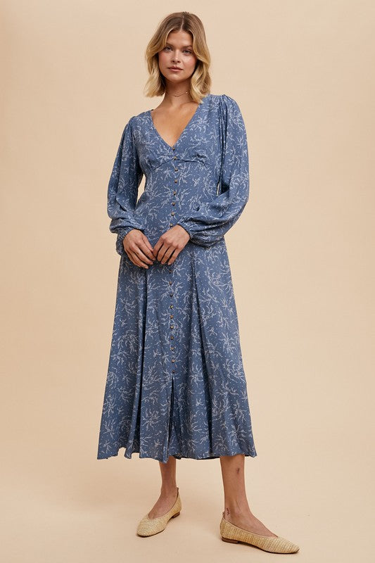 Dusky Blue Floral Fall Dress-Market Grey Boutique