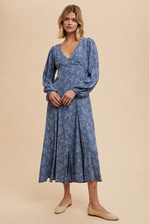 Dusky Blue Floral Fall Dress