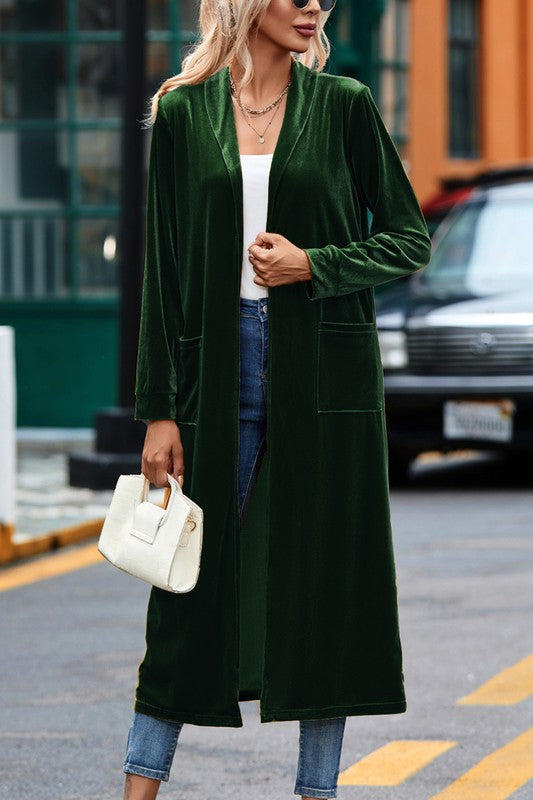 Velvet Open Front Pocketed Long Duster