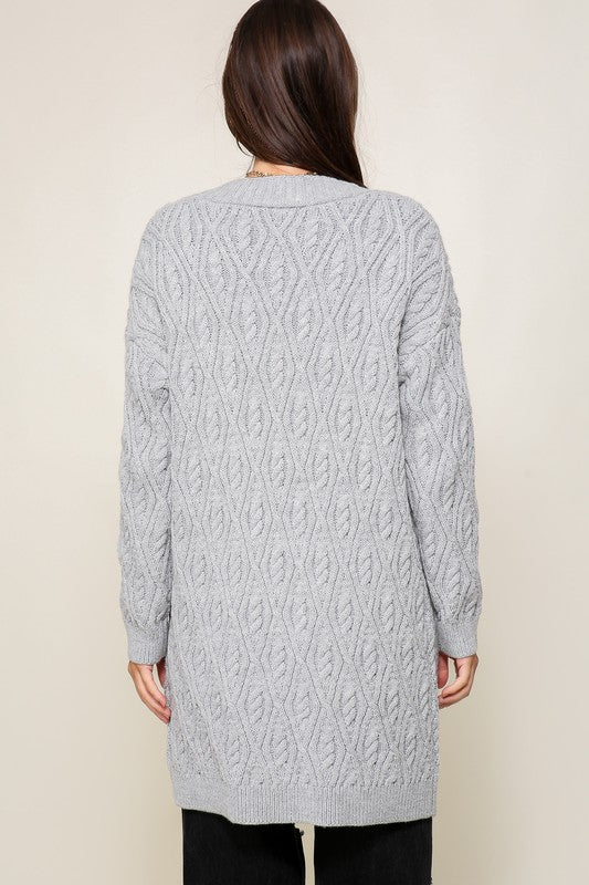 Grey Longline Cable Knit Cardigan