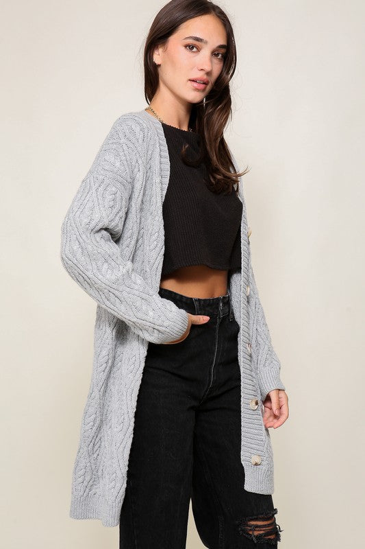 Grey Longline Cable Knit Cardigan