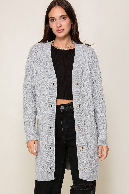 Grey Longline Cable Knit Cardigan