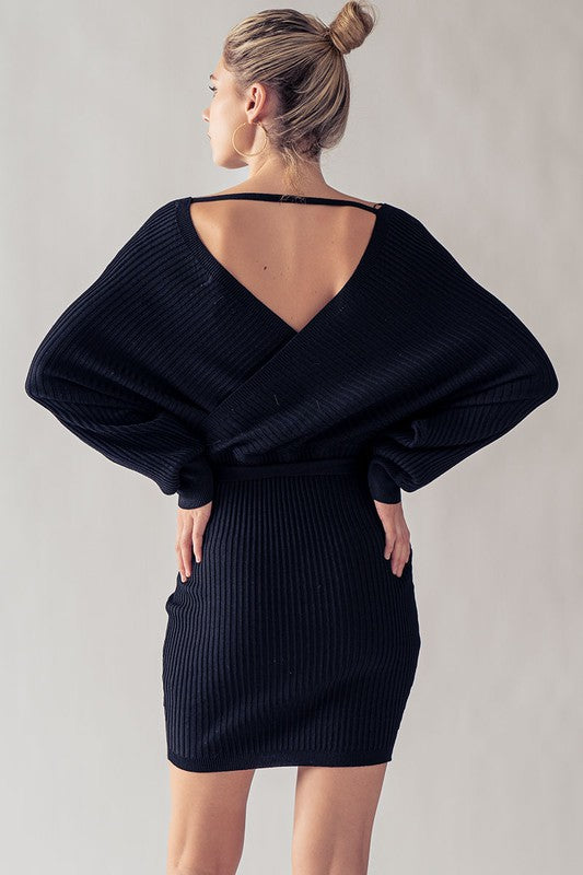 BLACK RIBBED WRAP DRESS