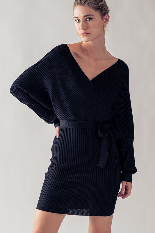 BLACK RIBBED WRAP DRESS