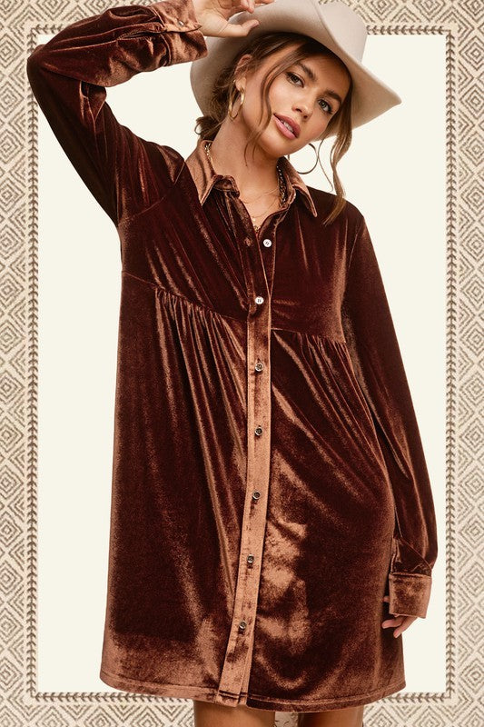 Button Front Soft Velvet Mini Dress
