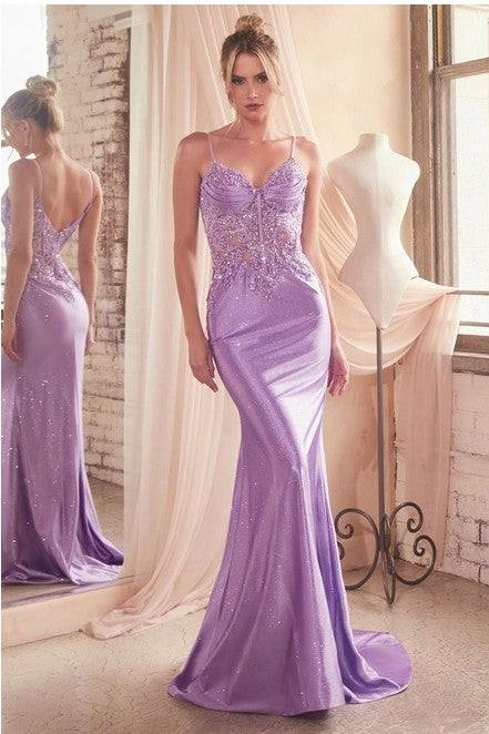 LAVENDER FITTED GLITTER & LACE STRETCH SATIN GOWN