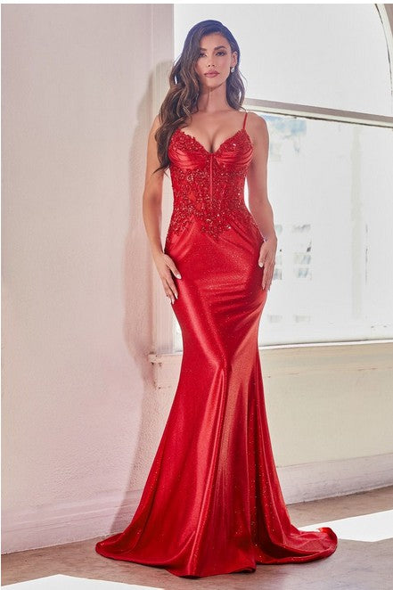 RED FITTED GLITTER & LACE STRETCH SATIN GOWN