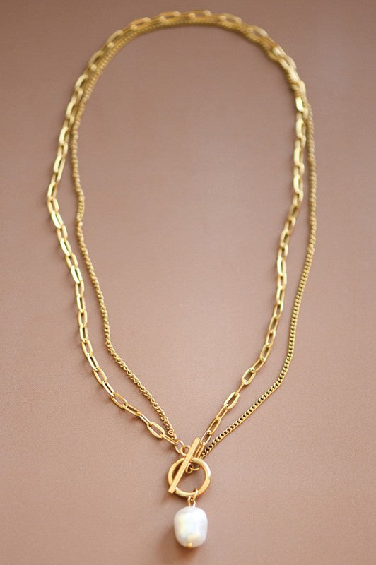 18K Plated Drop Pearl Chain Necklace