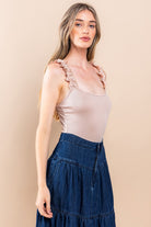 Pale Pink Ruffle Strap Ribbed Bodysuit-Market Grey Boutique