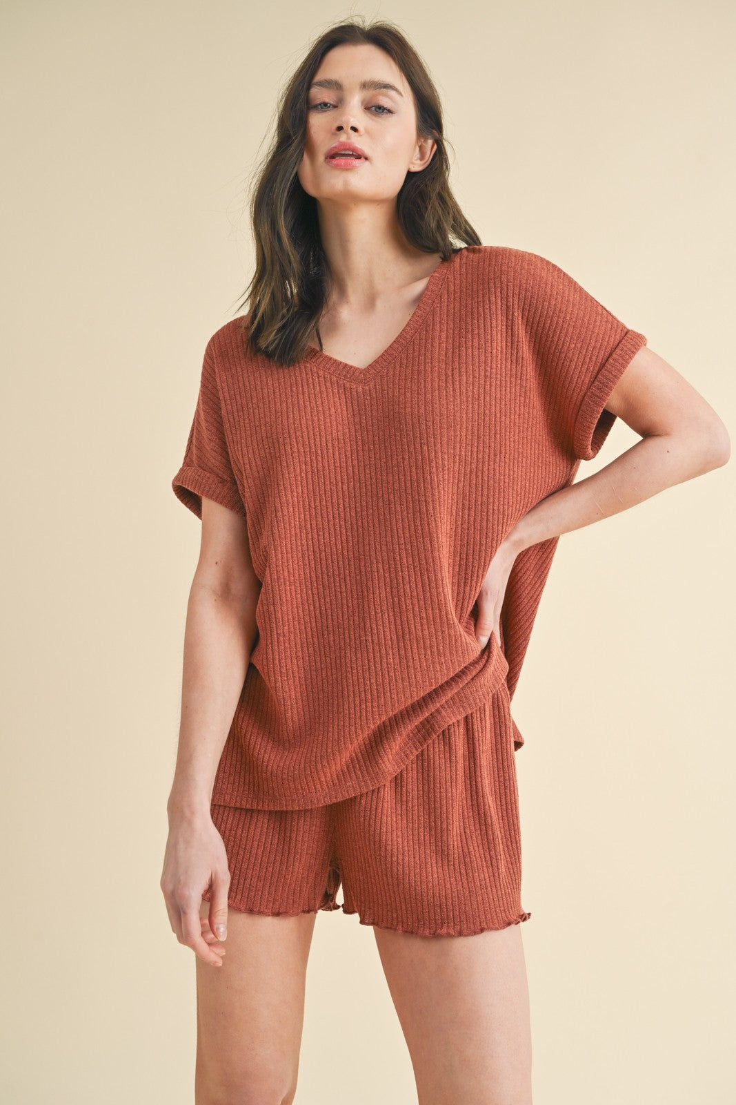Rust Ribbed Knit Two Piece Set
