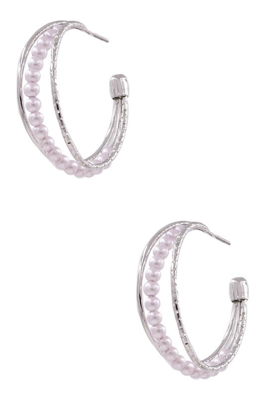 Rhodium Metal Cream Pearl Open Hoop Earrings