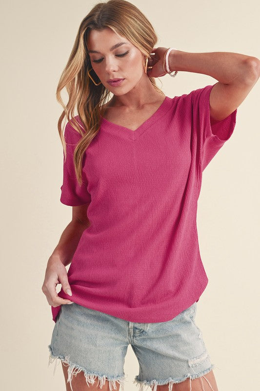 Pink Crinkled V Neck Wide Sleeve T-shirt