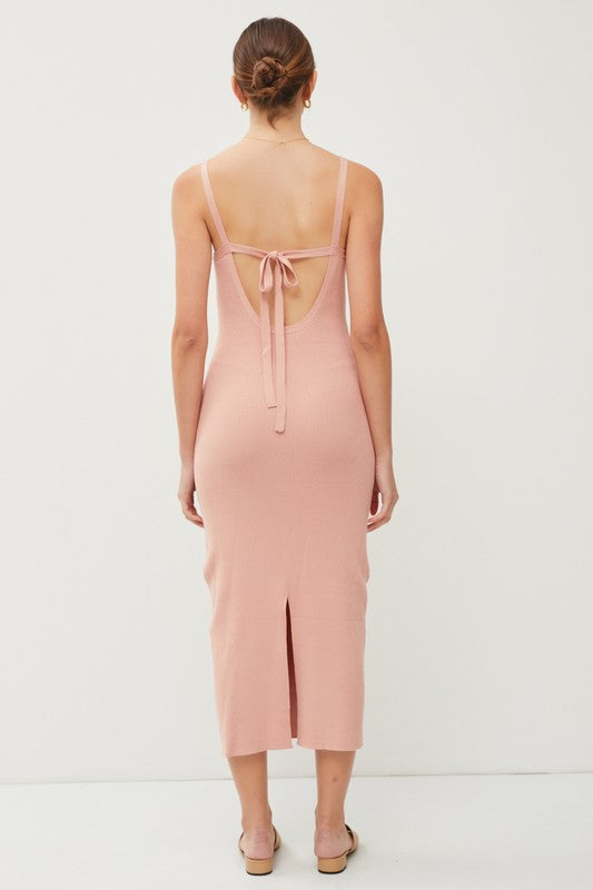 TIE BACK RIBBED KNIT MIDI DRESS