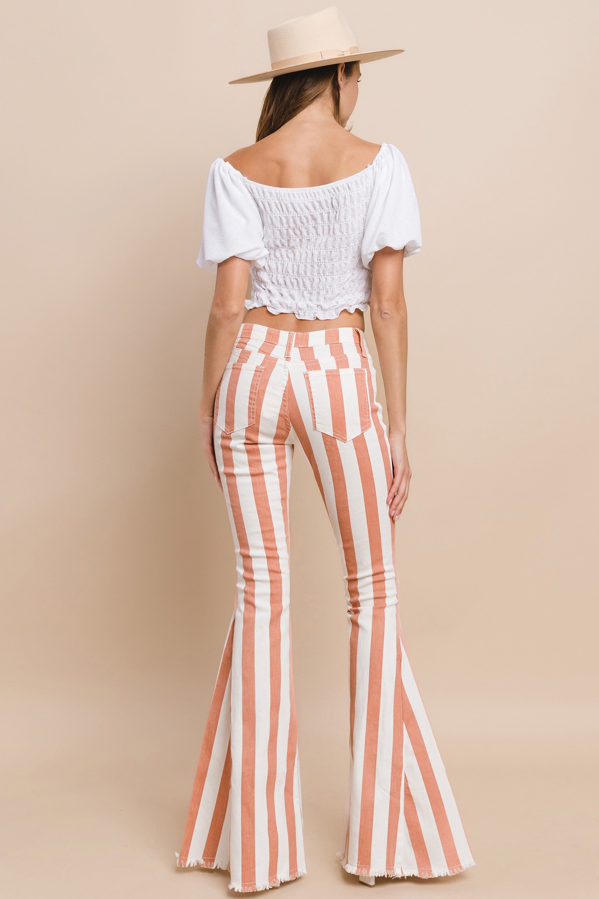 Coral Striped Distressed Hem Flare Denim