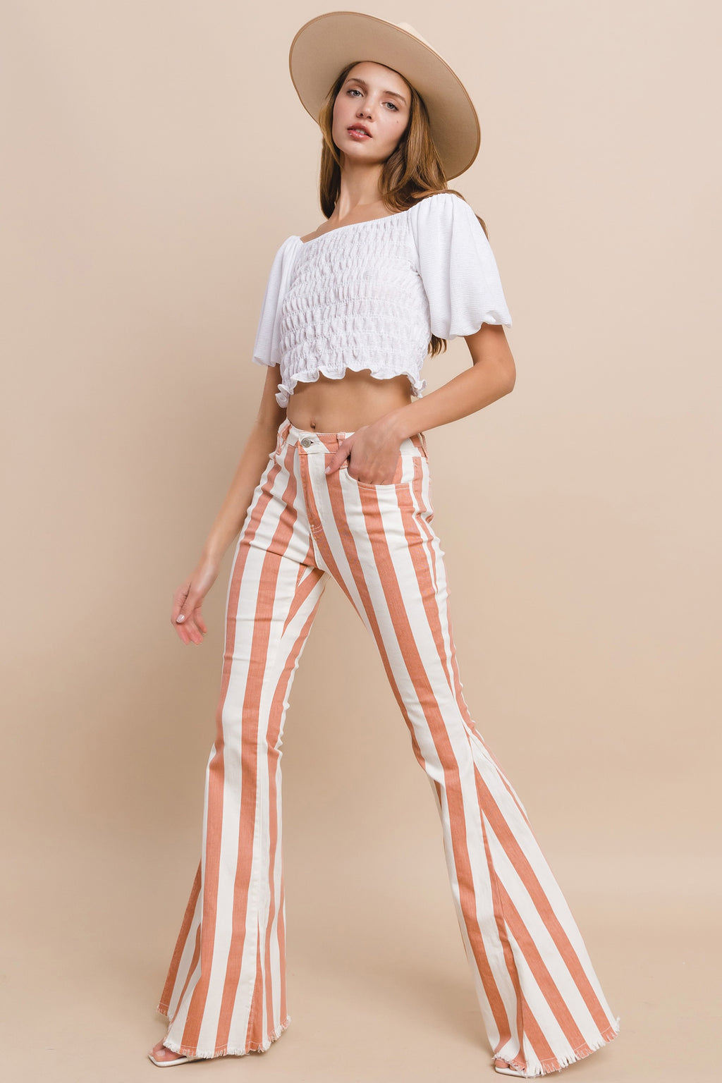 Coral Striped Distressed Hem Flare Denim