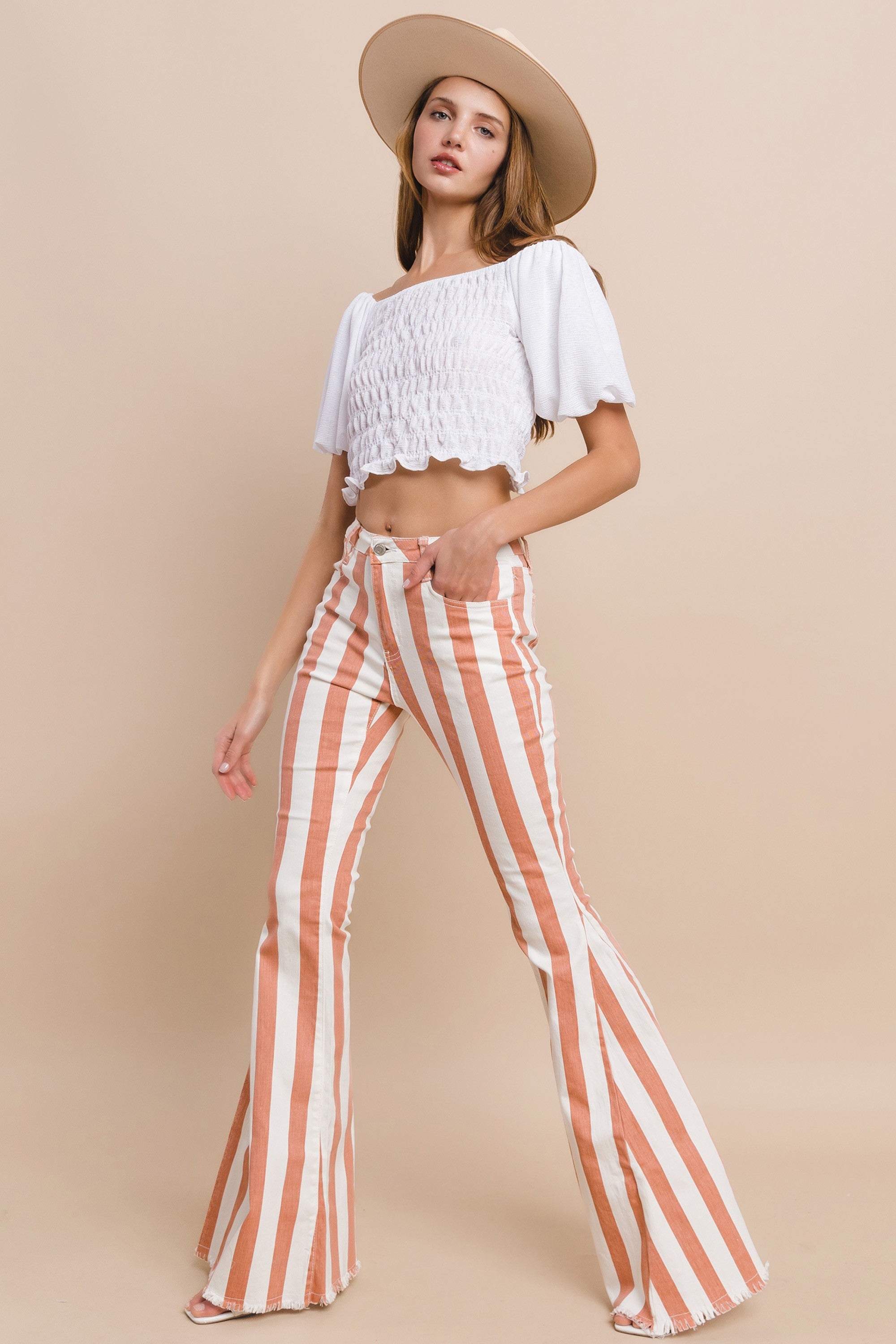 Coral Striped Distressed Hem Flare Denim