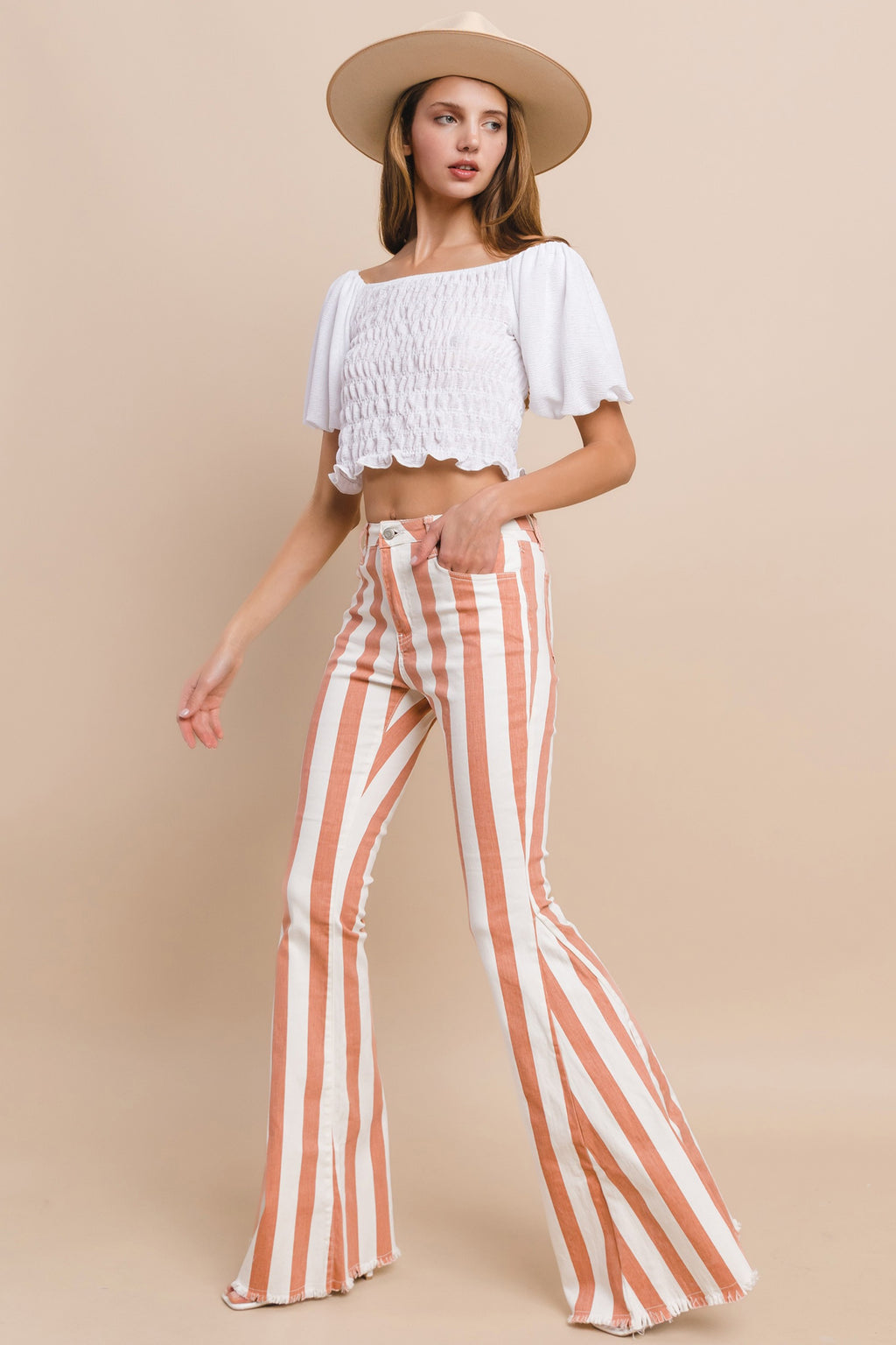 Coral Striped Distressed Hem Flare Denim