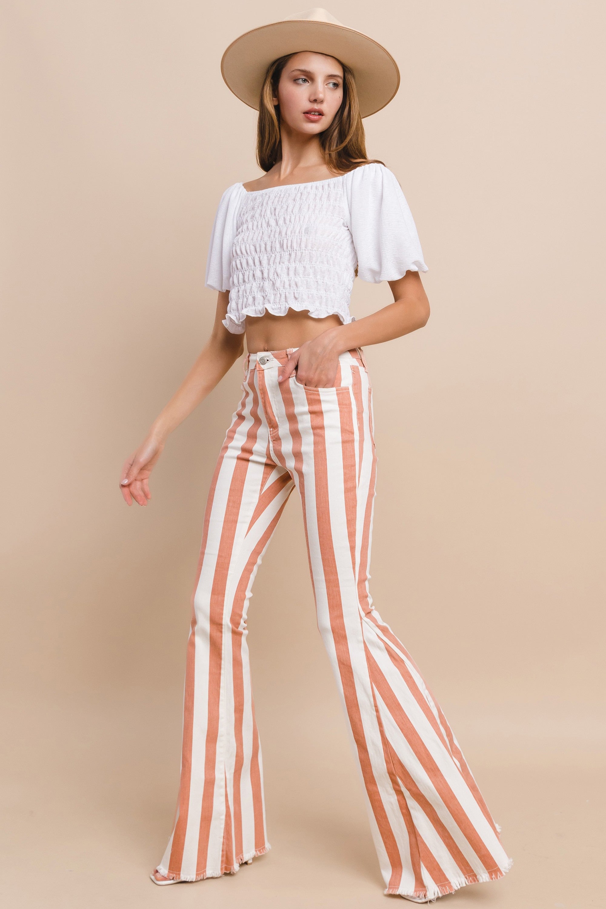 Coral Striped Distressed Hem Flare Denim