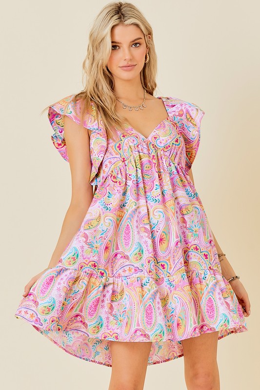 PAISLEY PRINT FLUTTER SLEEVE MINI DRESS