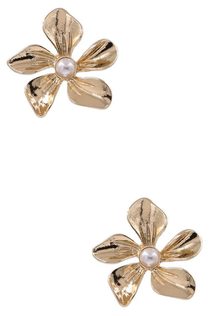 Metal Cream Pearl Flower Earrings