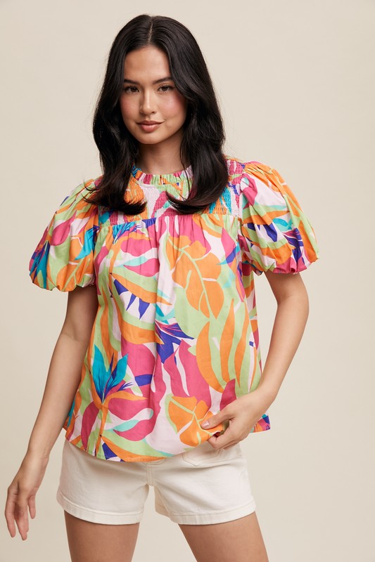 Leaf Print Puff Sleeve Ruffled Neck Blouse Top