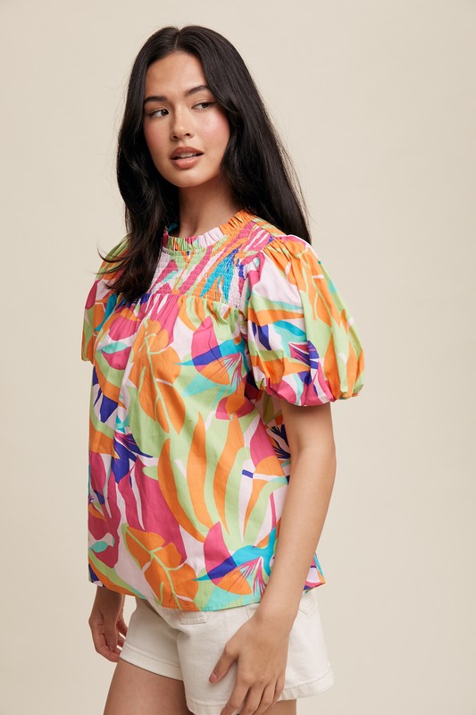 Leaf Print Puff Sleeve Ruffled Neck Blouse Top