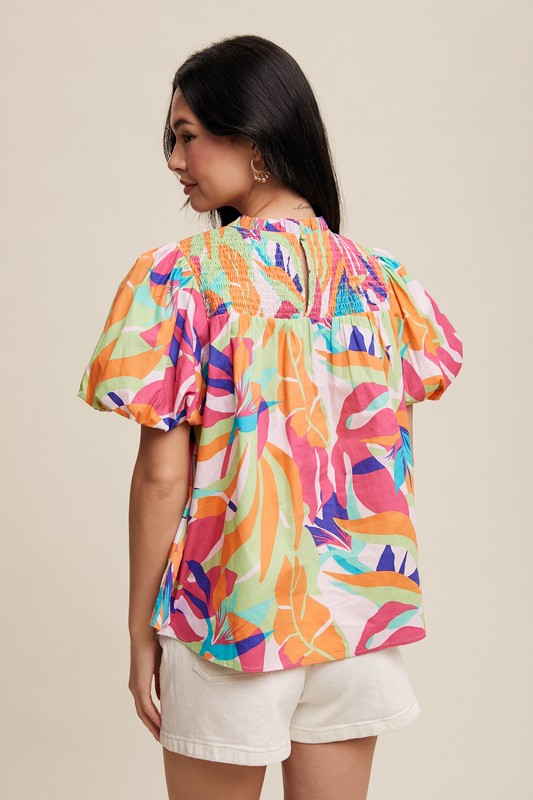 Leaf Print Puff Sleeve Ruffled Neck Blouse Top