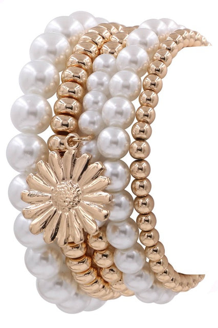 Cream Pearl Metal Bead Layered Bracelet