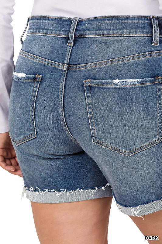 Distressed Cuffed Raw Hem Denim Shorts