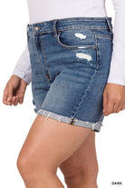 Plus Distressed Cuffed Raw Hem Denim Shorts-Market Grey Boutique