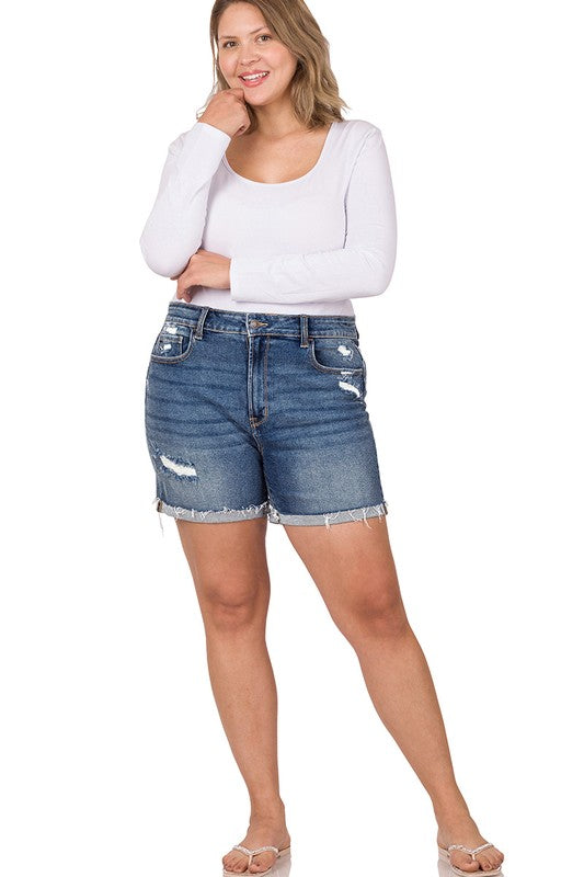 Plus Distressed Cuffed Raw Hem Denim Shorts