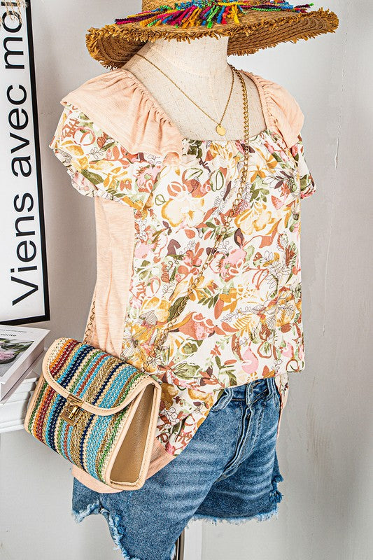 Floral Patchwork Flutter Sleeve Blouse