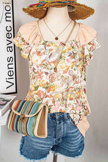 Floral Patchwork Flutter Sleeve Blouse