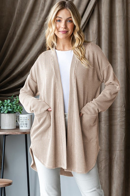 BEIGE RIBBED OPEN CARDIGAN