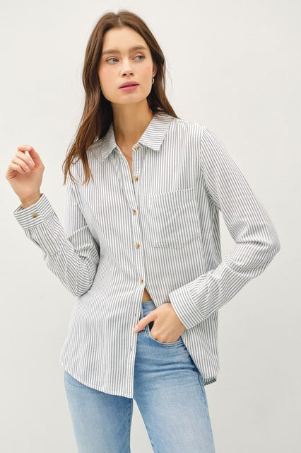 Navy Stripe Button Up Top